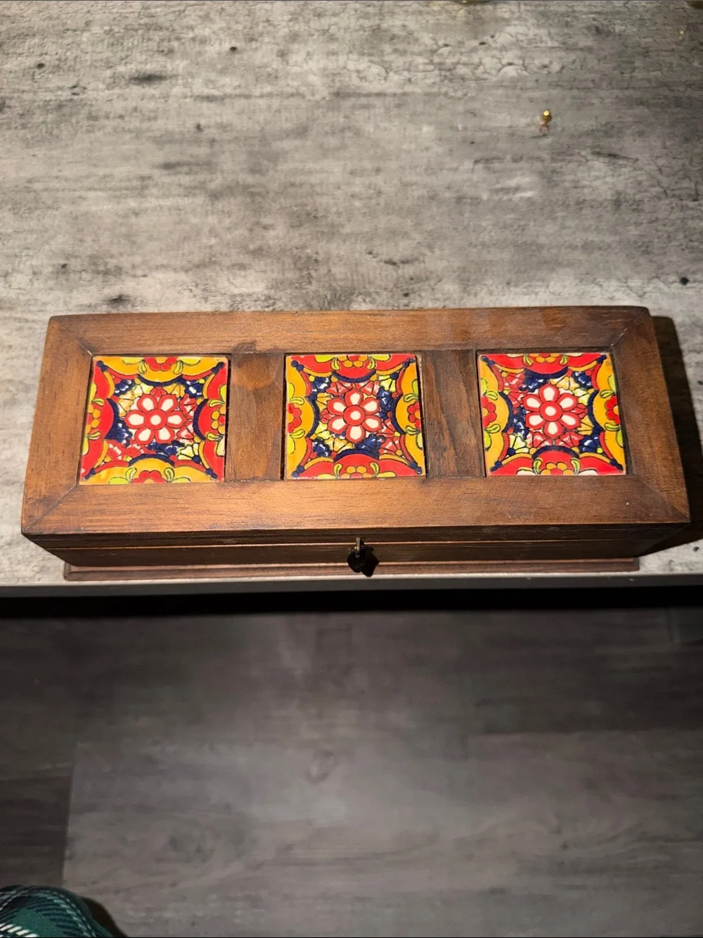 Wooden Decorative Storage Box with Red Patterned Inlay